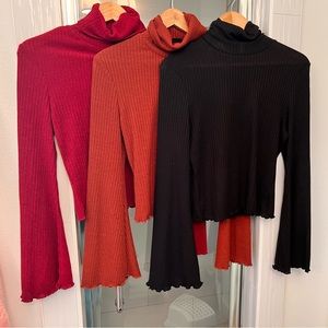 Shein Large bell sleeve turtle necks! 3 shirts maroon, orange and black